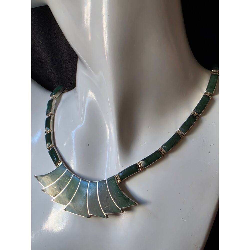 RARE Vintage 950 Mexico Sterling Silver Green Aventurine Choker Necklace 15.5"
